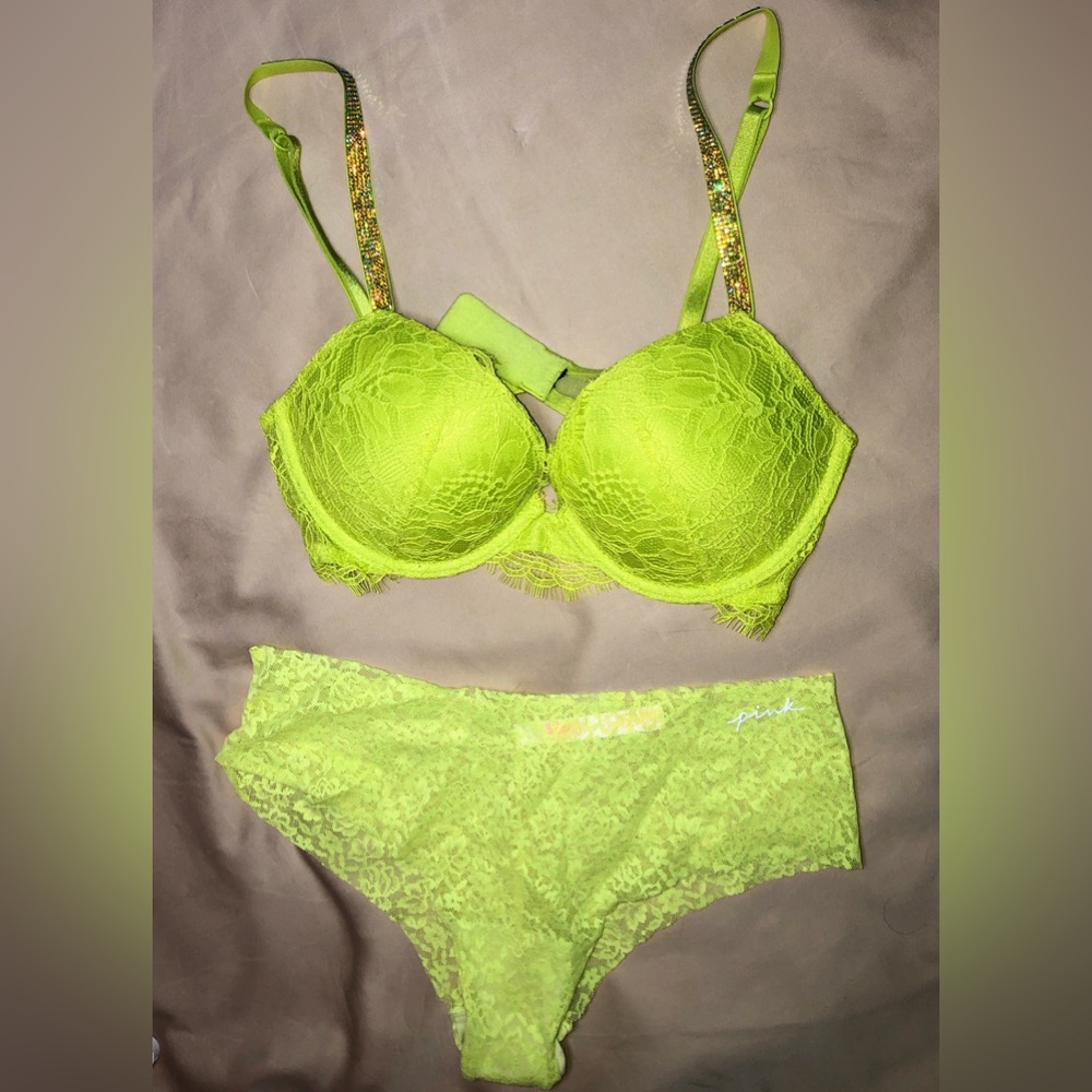 BNWOT PINK Lime Green Lace Bra and Panty Set